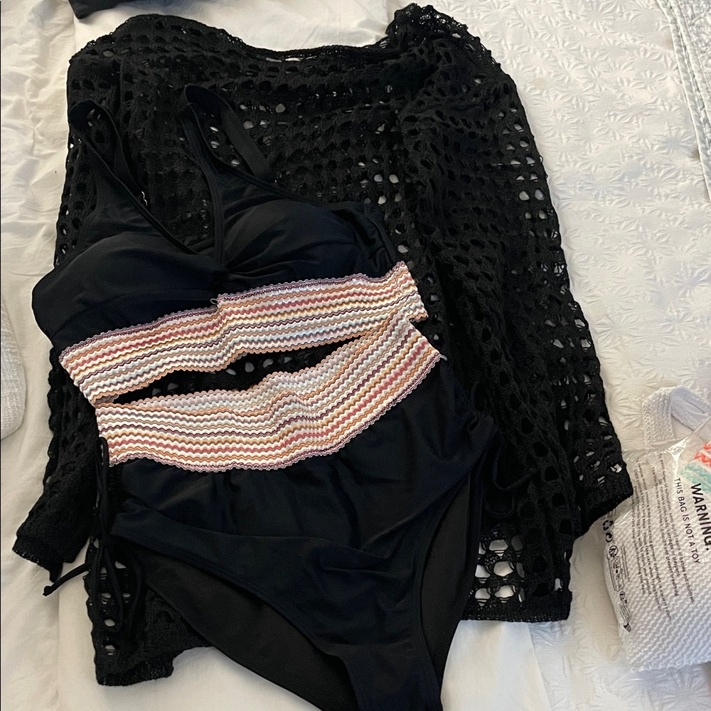 Black Crochet Cover-Up and Swimsuit Set